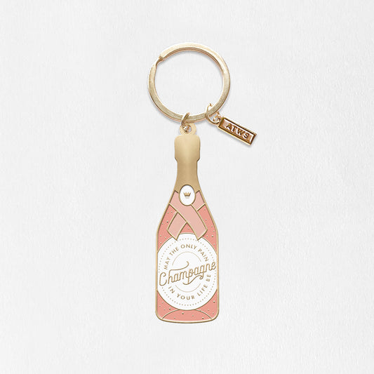 Porte clés doré en forme de bouteille de champagne rose 