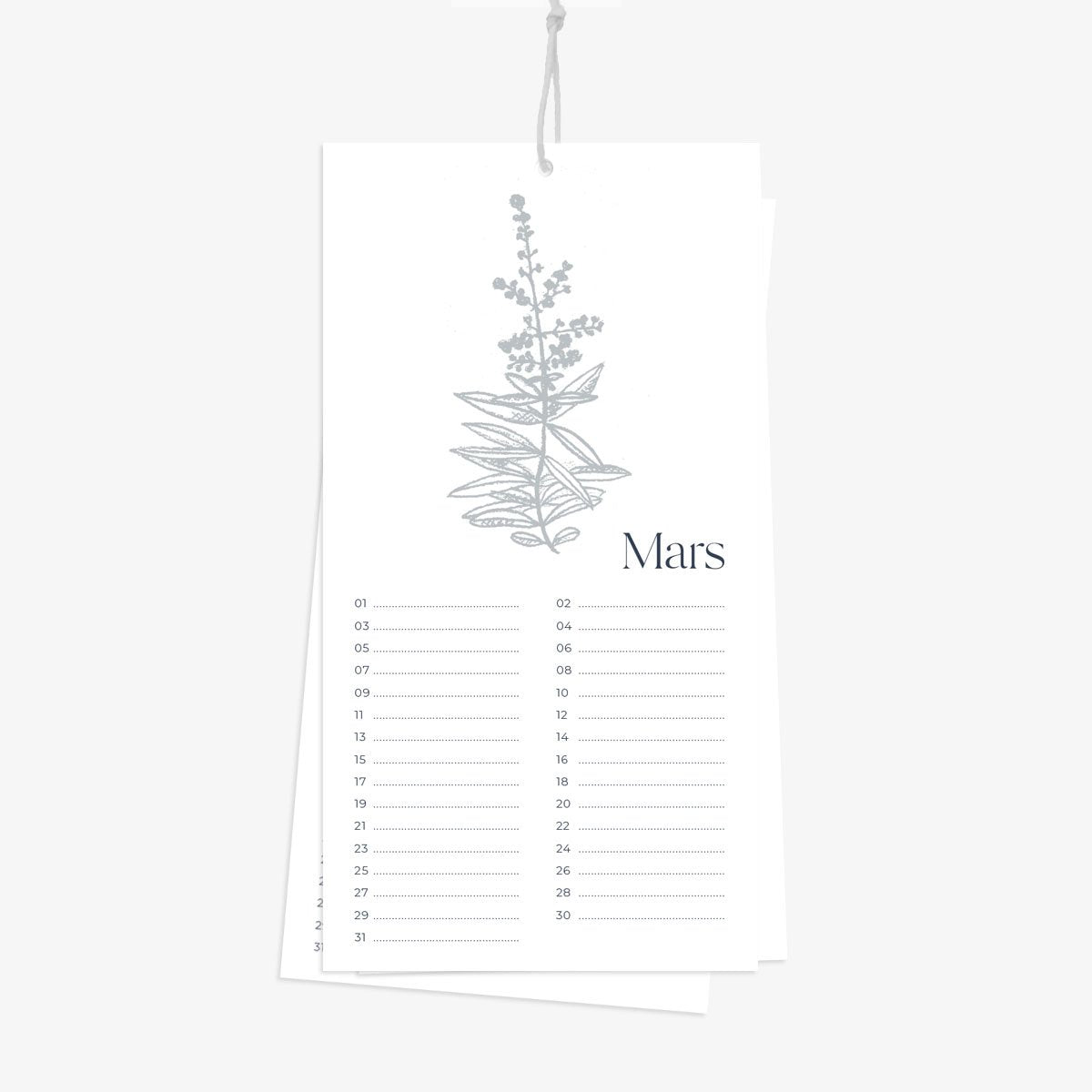 calendrier avec fleur bleue sur page mars