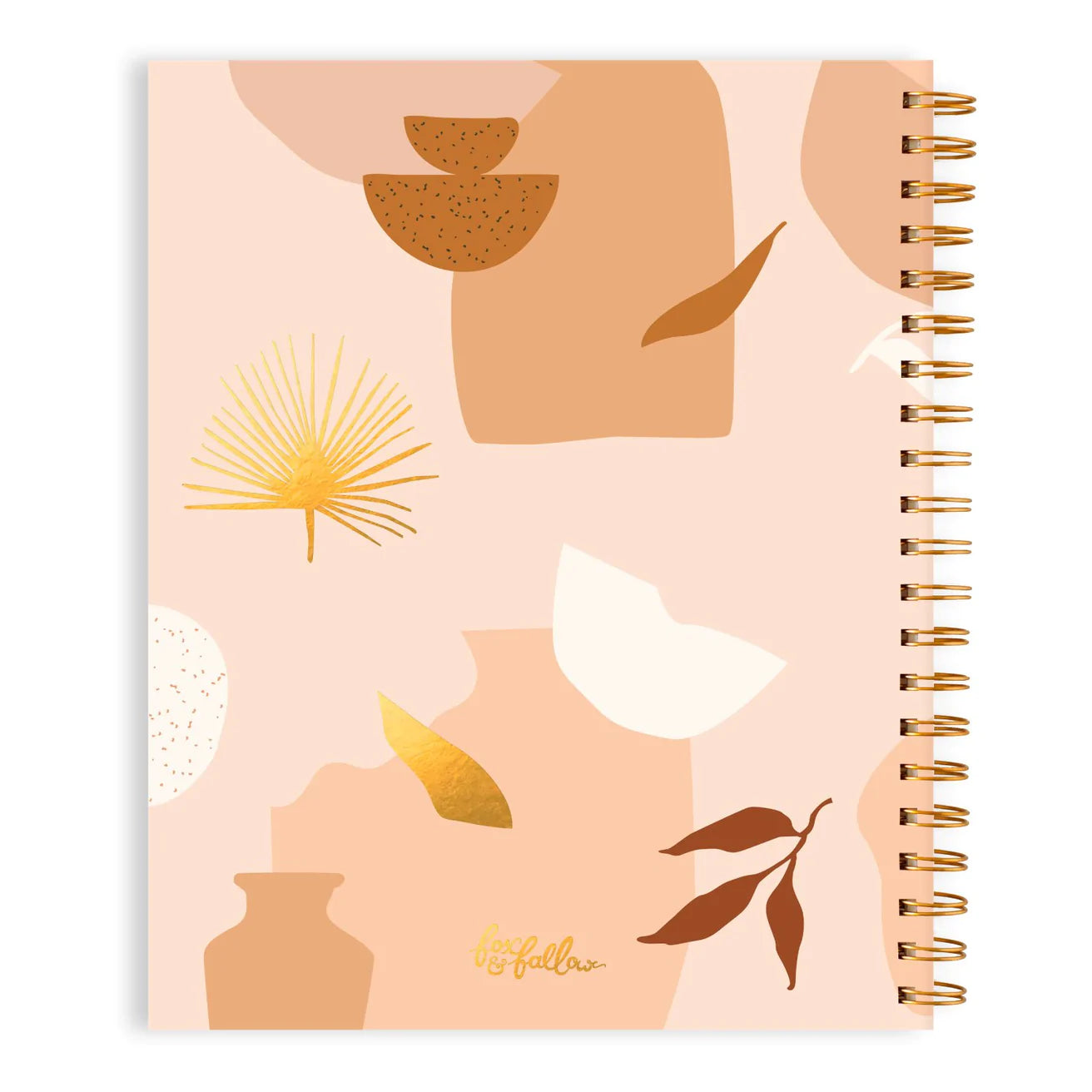 Dos Grand carnet a spirale dans les tons brun, beige et rose avec dessins de feuillages et vases graphiques