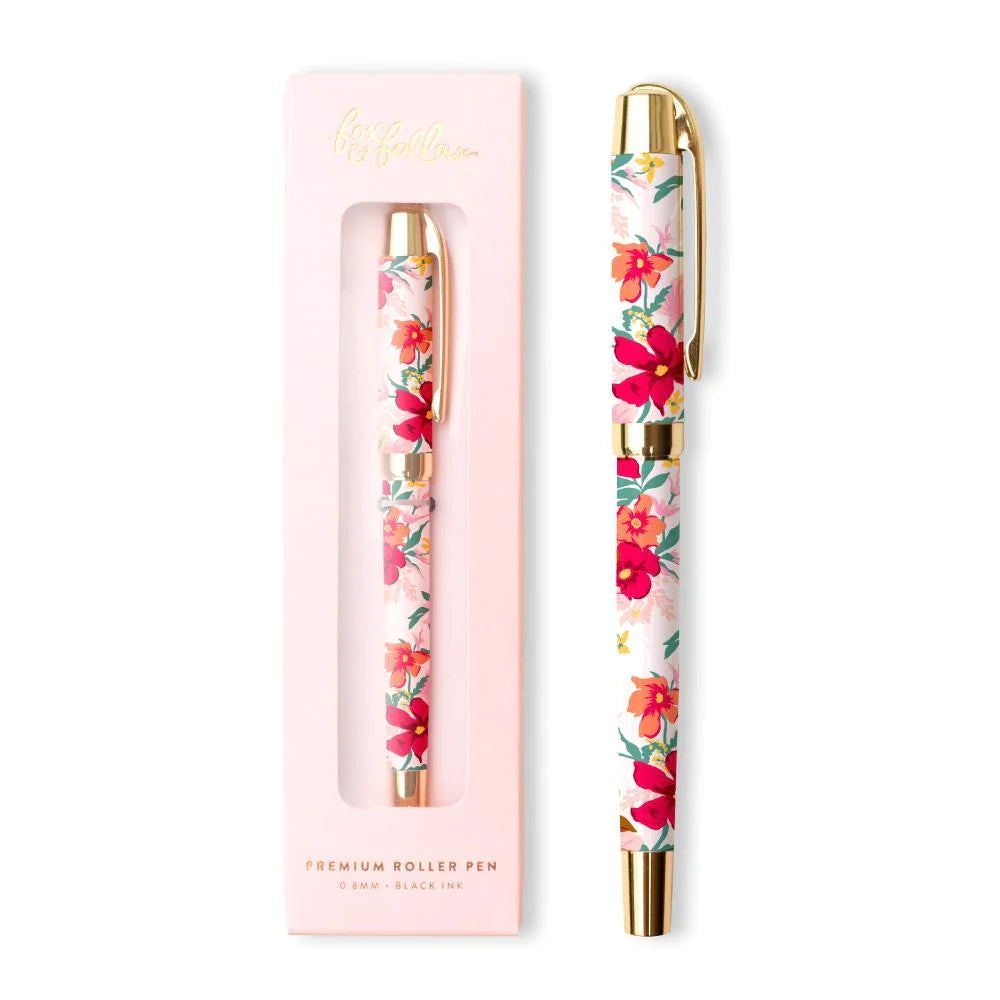 Stylo roller fond blanc avec dessin de fleurs et coquelicot roses et orangés