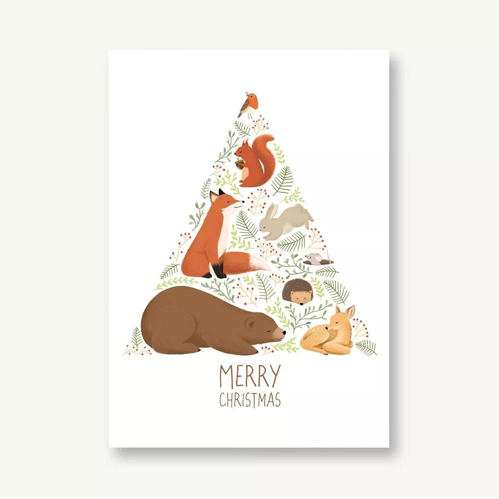 Carte Noël Merry Christmas Sapin Animaux - Vierundfünfzig Illustration