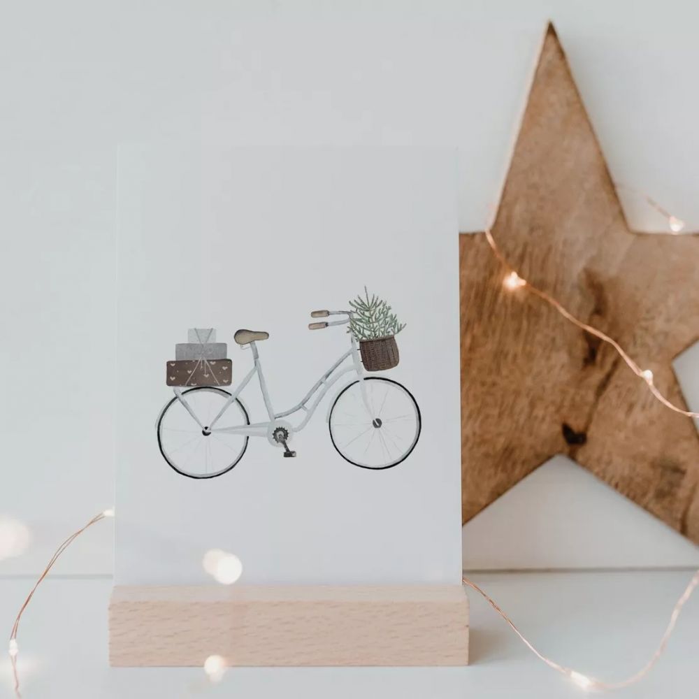 Carte Noël Vélo avec Cadeaux et Sapin de Noël  Aquarelle - Euleunschnitt