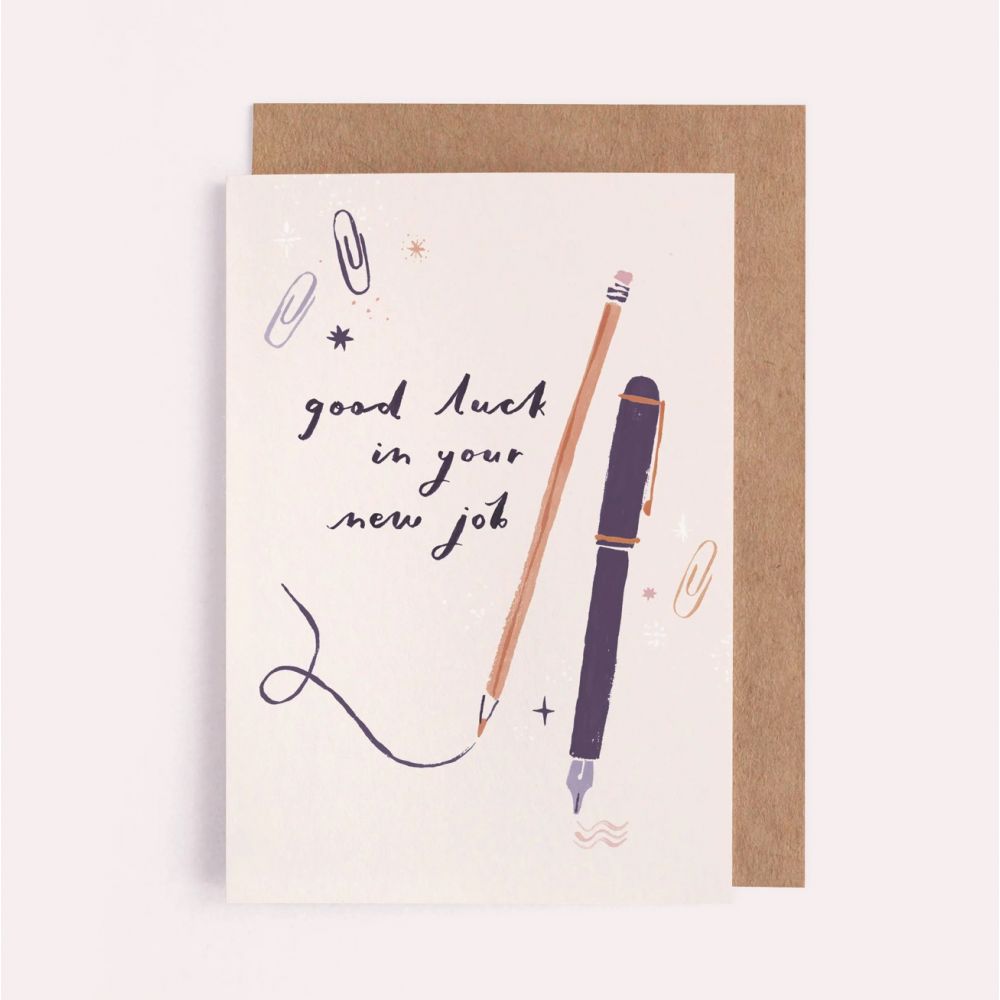 carte postale avec dessins de crayons et trombones pour souhaite bonne chance pour un nouveau travail 