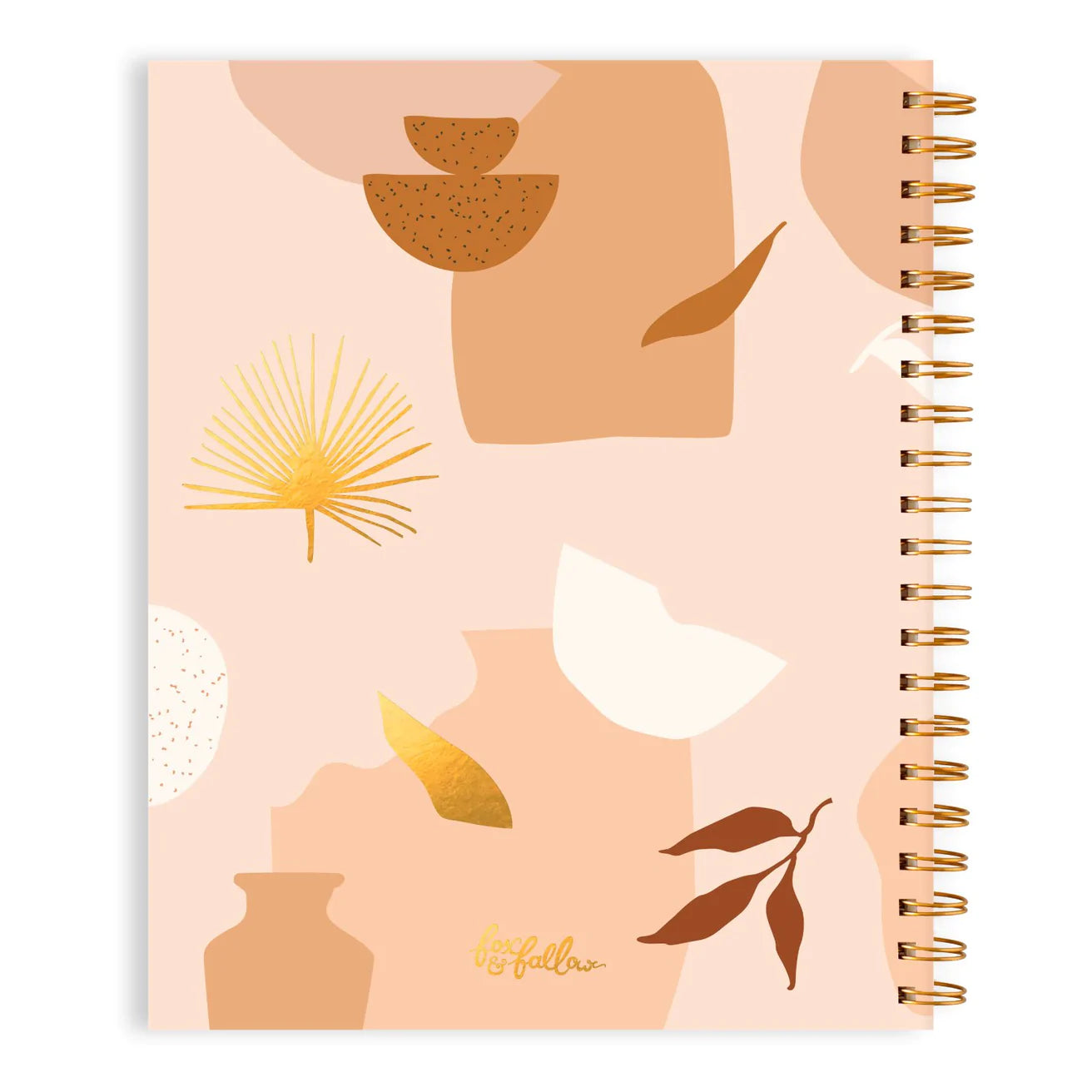 Dos Grand carnet a spirale dans les tons brun, beige et rose avec dessins de feuillages et vases graphiques 