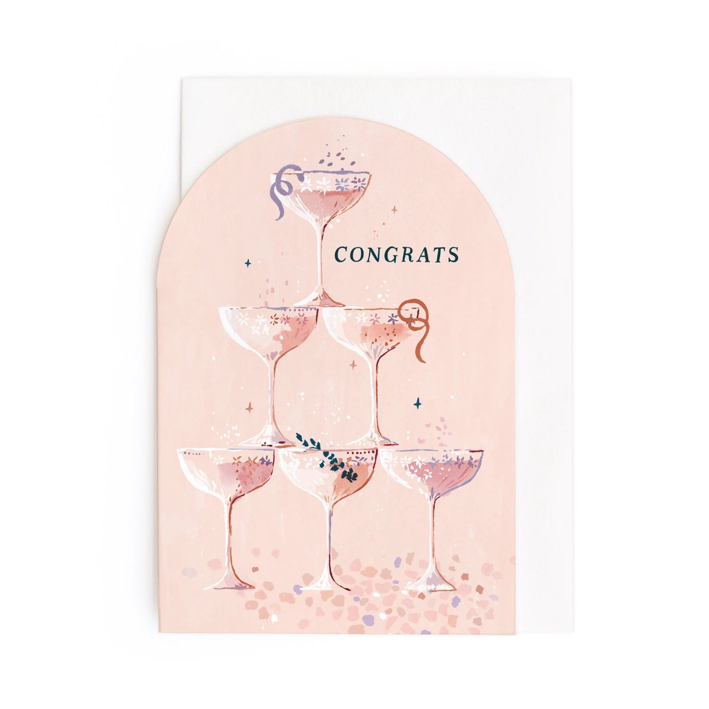 Carte postale rose demi cercle avec dessins de coupe de champagne et texte congrats 