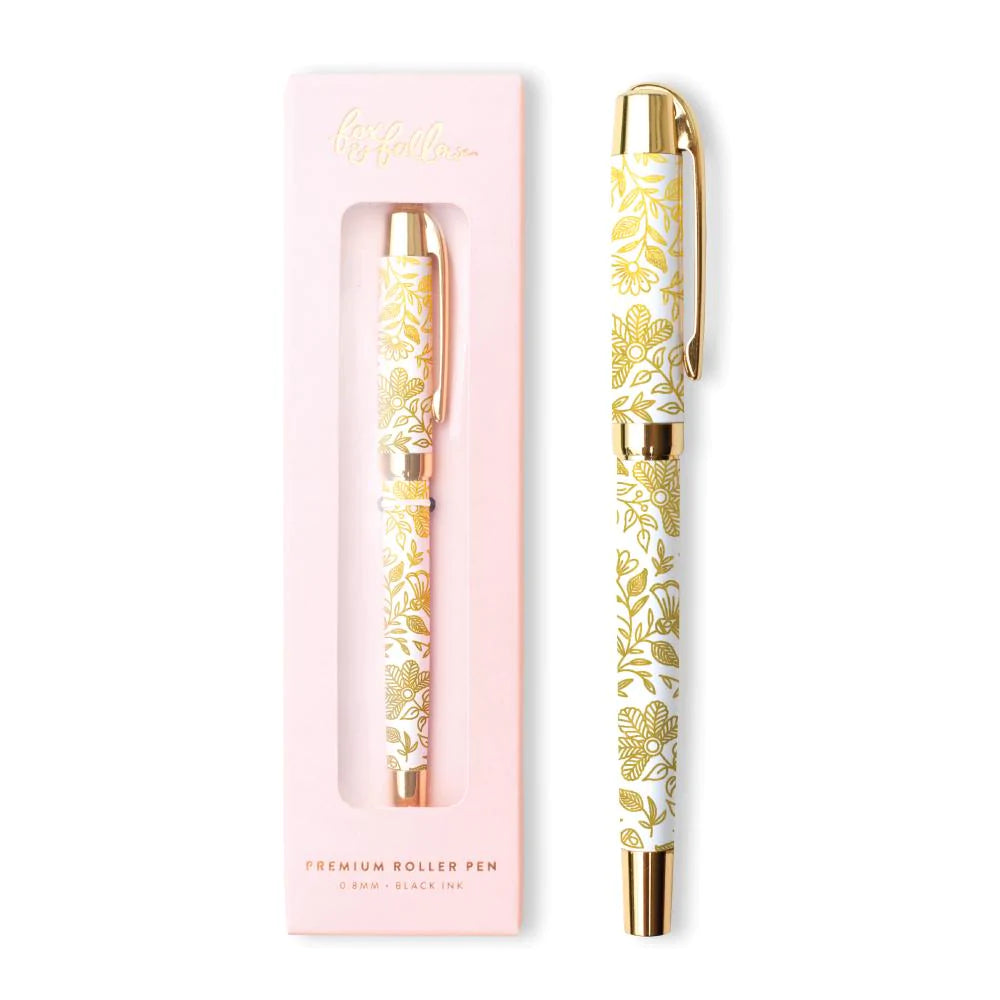 Stylo blanc avec fleurs en dorures