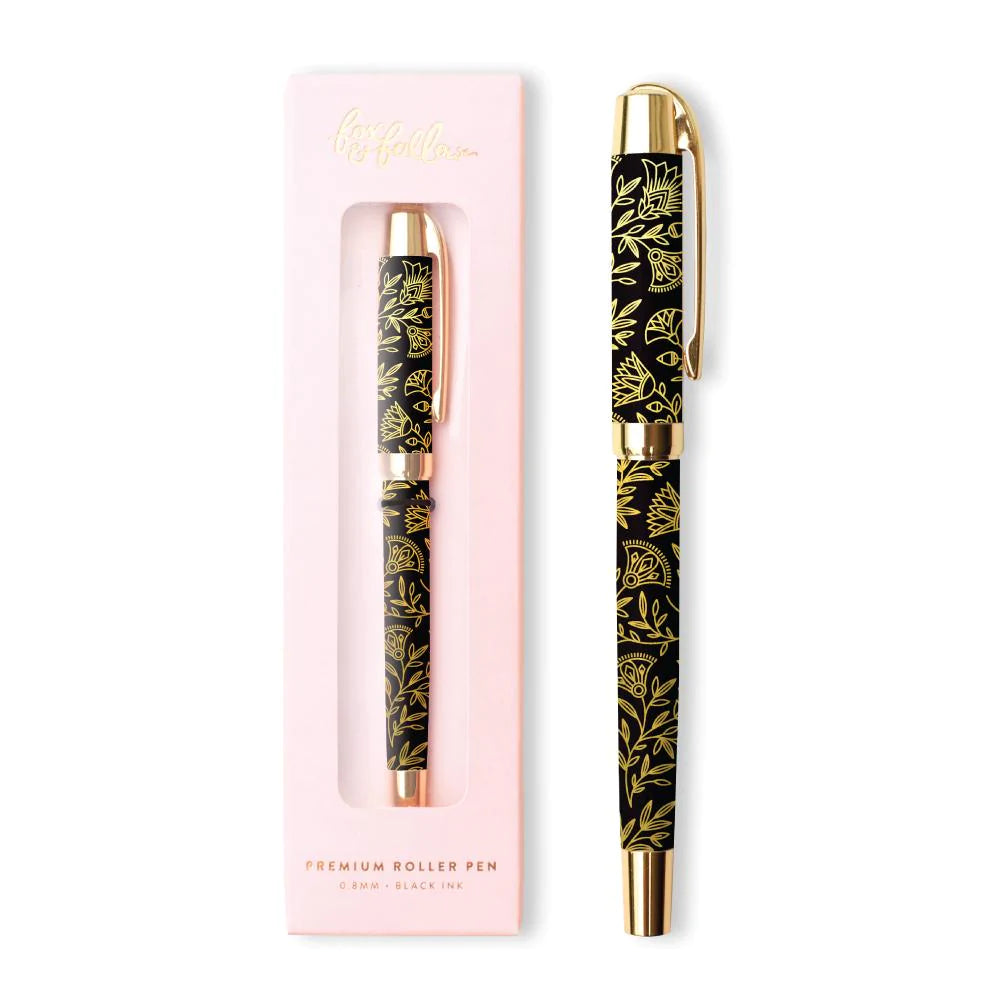 Stylo Roller Noir avec dessins de fleurs en dorure